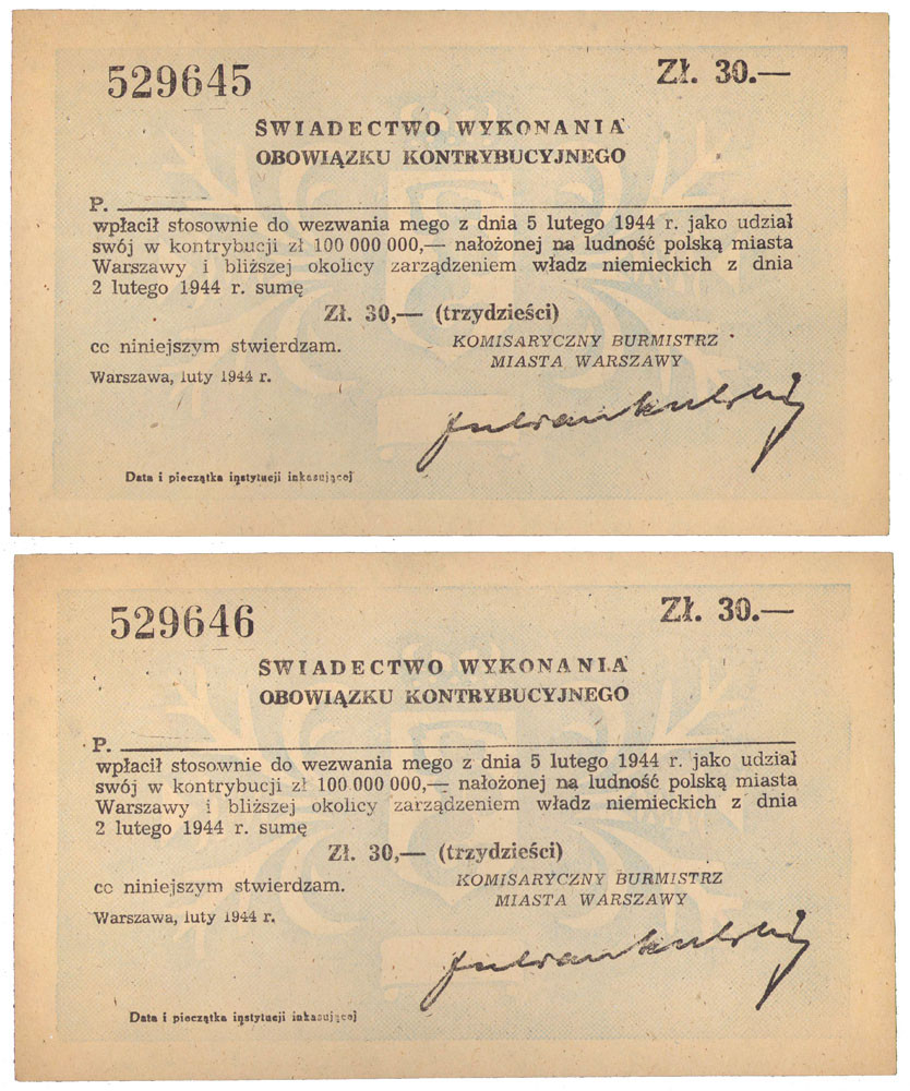 Polska, Świadectwo Wykonania Obowiązku Kontrybucyjnego 30 złotych 1944, zestaw 2 sztuk
